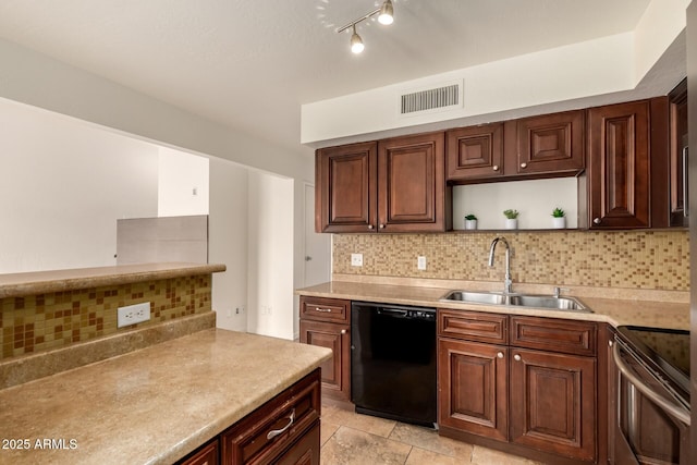 kitchen featuring decorative backsplash, stainless steel electric range oven, open shelves, dishwasher, and a sink