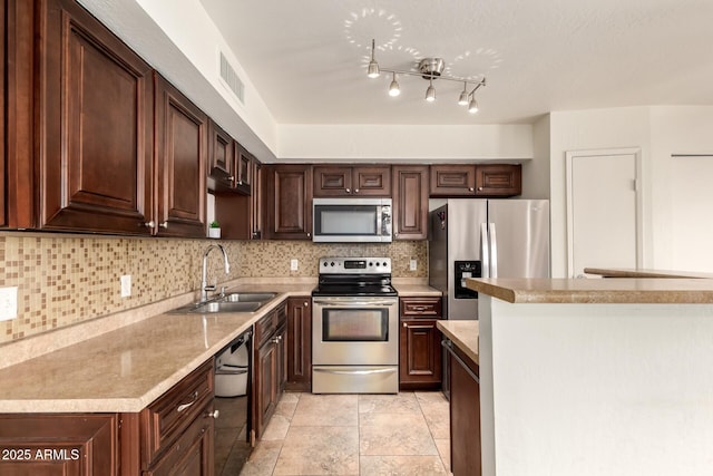 kitchen with decorative backsplash, dark brown cabinetry, visible vents, a sink, and stainless steel appliances