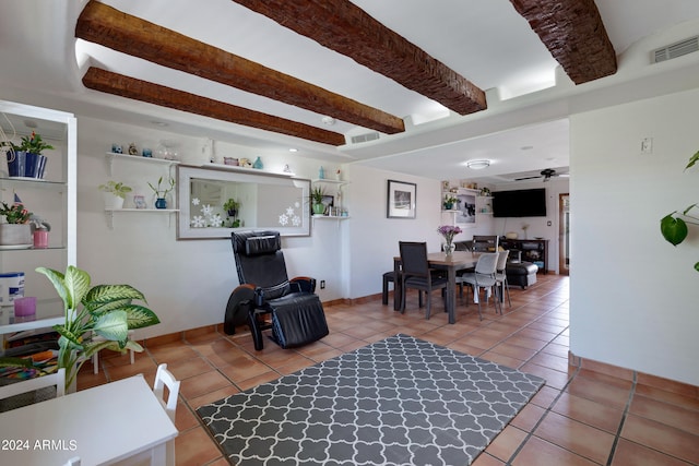 sitting room with beam ceiling, ceiling fan, and tile floors