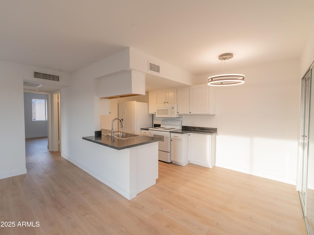 kitchen with pendant lighting, white cabinetry, sink, kitchen peninsula, and white appliances