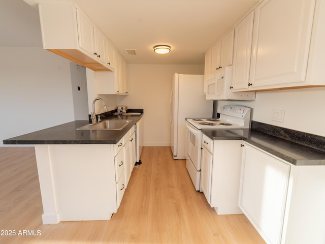 kitchen with white electric range oven, sink, light hardwood / wood-style flooring, kitchen peninsula, and white cabinets