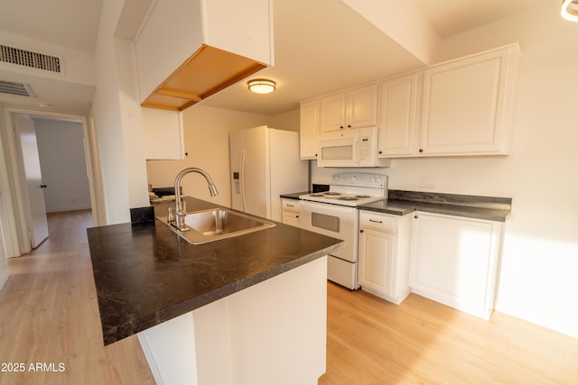 kitchen featuring white cabinetry, sink, white appliances, and light hardwood / wood-style floors