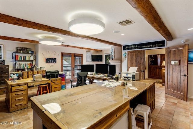 25002 N Quail Haven Dr, Rio Verde, AZ 85263 - dining room with beam ceiling, a desk, light tile patterned floors, and recessed lighting