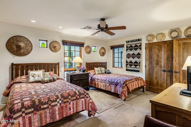 25002 N Quail Haven Dr, Rio Verde, AZ 85263 - bedroom featuring carpet flooring, multiple windows, recessed lighting, and ceiling fan