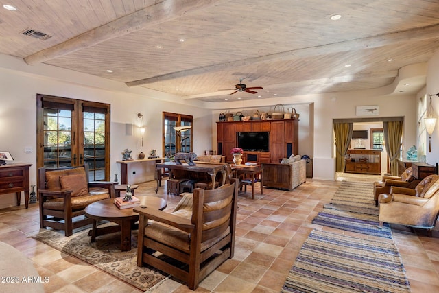 25002 N Quail Haven Dr, Rio Verde, AZ 85263 - living room with wooden ceiling with exposed beams, recessed lighting, a ceiling fan, french doors, and baseboards