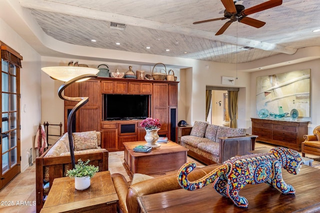 25002 N Quail Haven Dr, Rio Verde, AZ 85263 - living area with wood ceiling, a ceiling fan, and recessed lighting