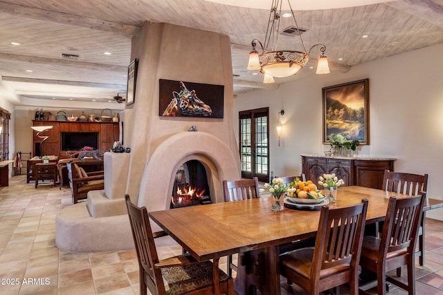25002 N Quail Haven Dr, Rio Verde, AZ 85263 - dining room with wooden ceiling, a large fireplace, recessed lighting, ceiling fan, and light tile patterned flooring