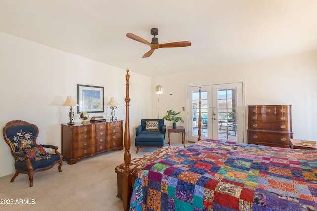 bedroom with french doors, carpet, access to exterior, and ceiling fan