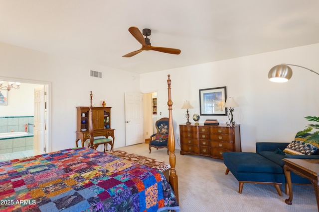 bedroom with a ceiling fan, light carpet, ensuite bathroom, and visible vents