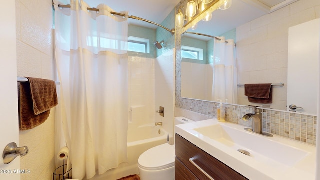 full bathroom with shower / bathtub combination with curtain, backsplash, toilet, vanity, and tile walls