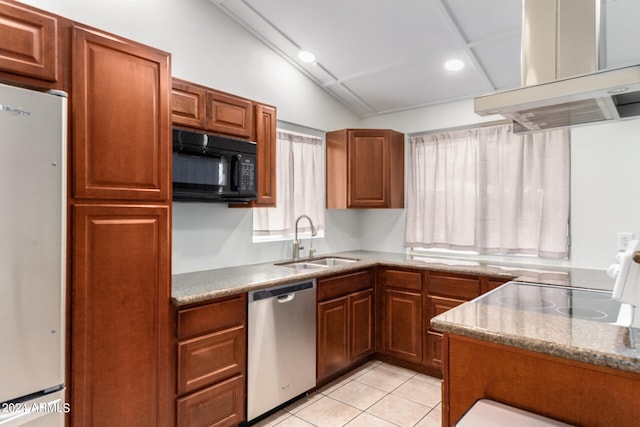 kitchen featuring dishwasher, island range hood, sink, lofted ceiling, and white refrigerator