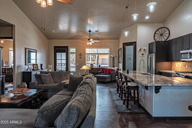 670 S Mountain Pines Ave, Show Low, AZ 85901 - living area featuring a ceiling fan, dark wood finished floors, and lofted ceiling