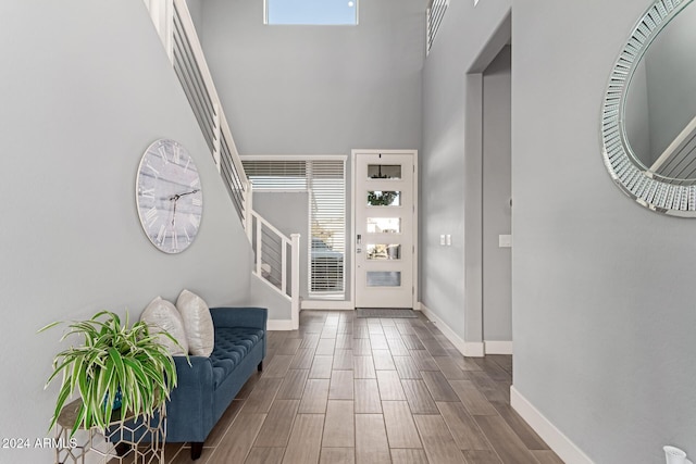 entryway with a towering ceiling and a wealth of natural light