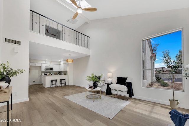 1717 E Union Hills Dr Unit 1033, Phoenix, AZ 85024 - sitting room with light wood-style flooring, a ceiling fan, baseboards, high vaulted ceiling, and beam ceiling