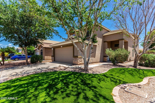 37911 N Luke Ln, San Tan Valley, AZ 85140 - view of front facade featuring stucco siding, a garage, a front lawn, a tiled roof, and driveway
