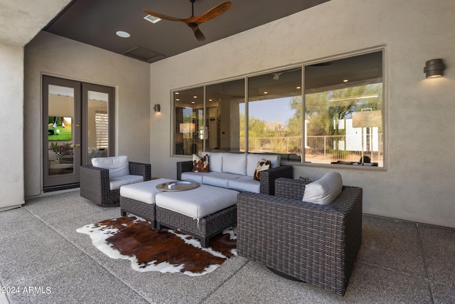 view of patio featuring an outdoor hangout area, french doors, and ceiling fan