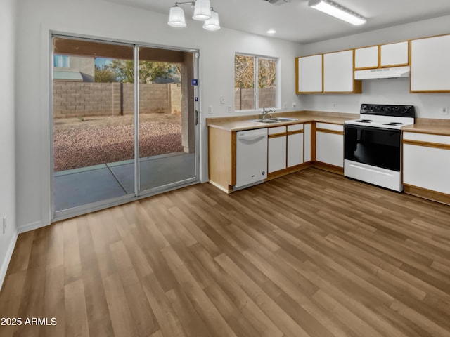 kitchen featuring dishwasher, electric stove, light countertops, under cabinet range hood, and white cabinetry