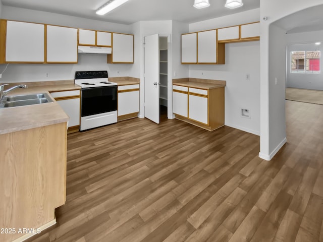 kitchen with under cabinet range hood, electric range, wood finished floors, a sink, and white cabinets