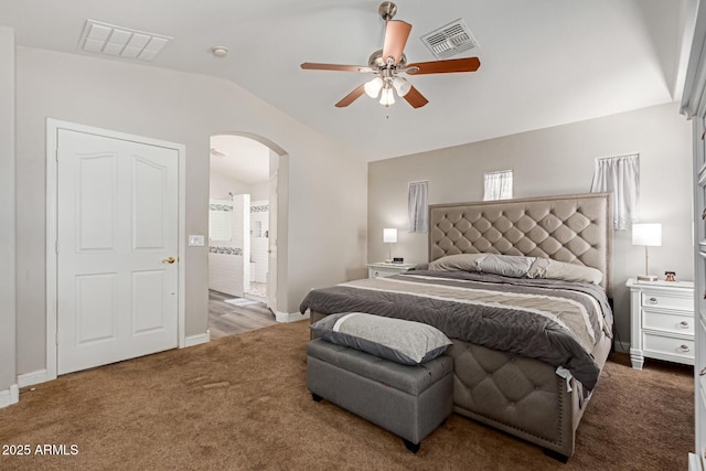 3580 E Kesler Ln, Gilbert, AZ 85295 - bedroom featuring arched walkways, visible vents, carpet, and vaulted ceiling