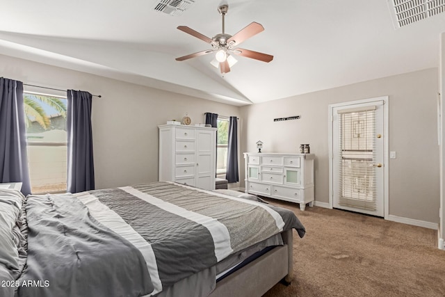 3580 E Kesler Ln, Gilbert, AZ 85295 - bedroom with ceiling fan, visible vents, carpet, and lofted ceiling