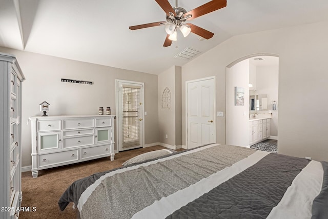 3580 E Kesler Ln, Gilbert, AZ 85295 - carpeted bedroom featuring arched walkways, baseboards, lofted ceiling, and visible vents