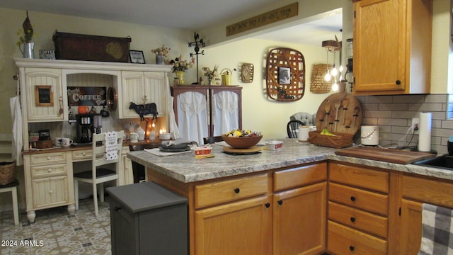 kitchen with decorative backsplash and wine cooler