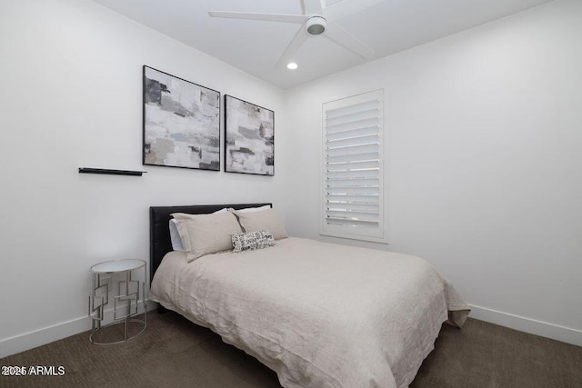 carpeted bedroom with baseboards, recessed lighting, and a ceiling fan