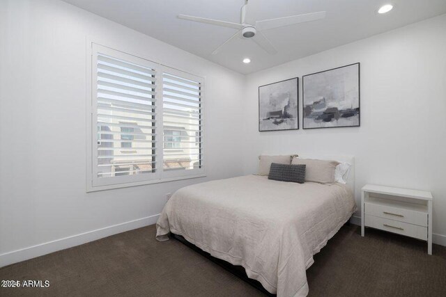 bedroom with baseboards, recessed lighting, a ceiling fan, and carpet