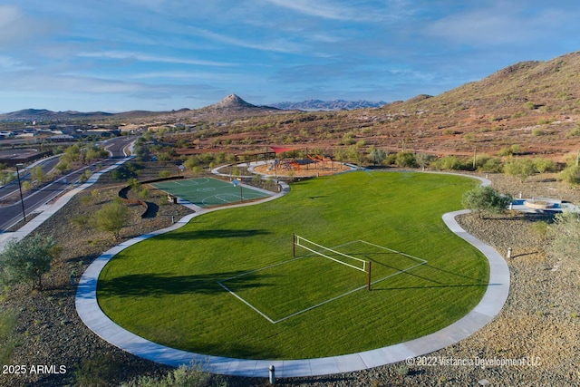 drone / aerial view featuring a mountain view