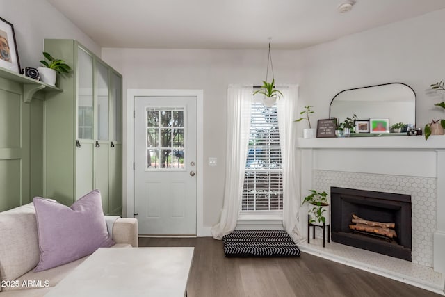 1600 N Saba St Unit 143, Chandler, AZ 85225 - doorway featuring wood finished floors and a fireplace with raised hearth