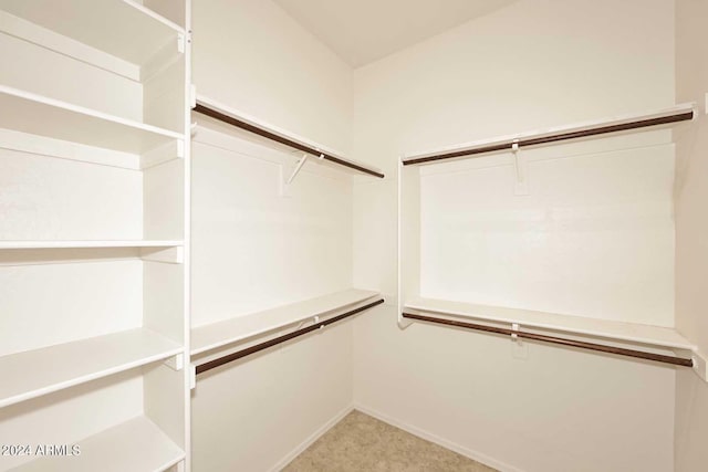 walk in closet featuring light carpet