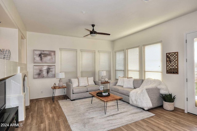 living room with hardwood / wood-style flooring and ceiling fan