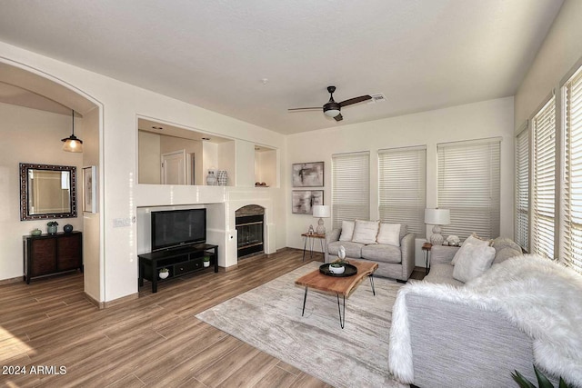 living room featuring a healthy amount of sunlight, ceiling fan, and wood-type flooring