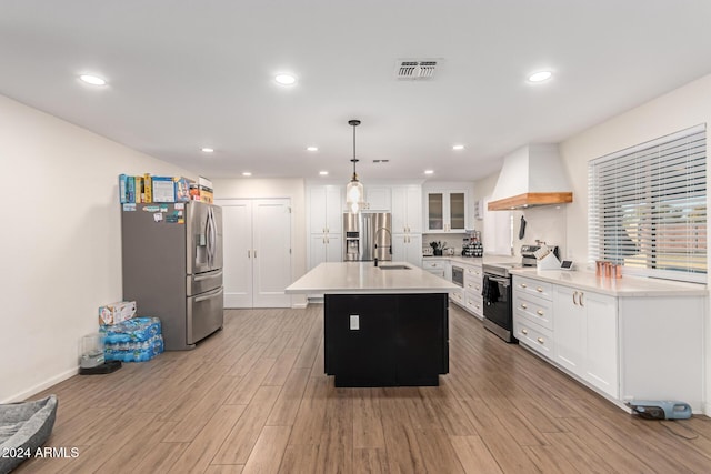12043 N 46th Ave, Glendale, AZ 85304 - kitchen with appliances with stainless steel finishes, custom range hood, light countertops, light wood-type flooring, and white cabinets