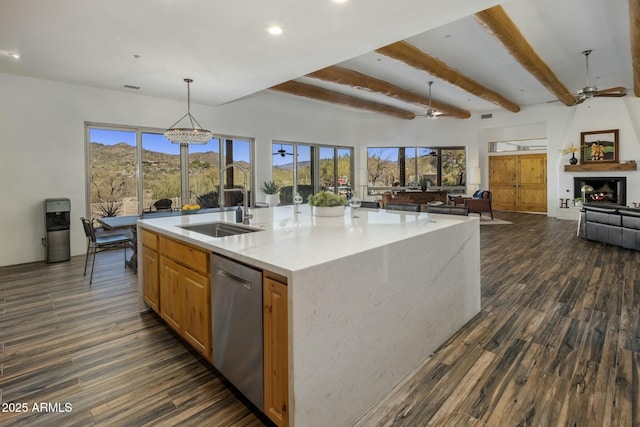 kitchen with a sink, a ceiling fan, dark wood-style flooring, and stainless steel dishwasher