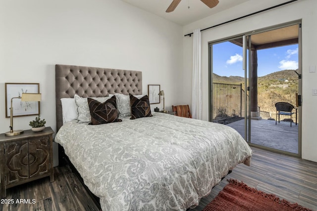 bedroom featuring ceiling fan, access to outside, and wood finished floors