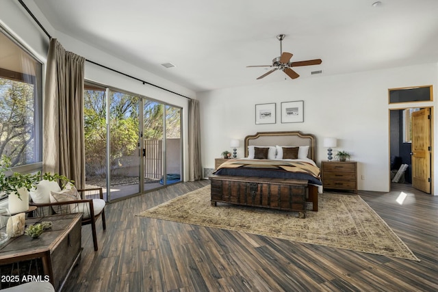 bedroom with a ceiling fan, access to outside, visible vents, and wood finished floors