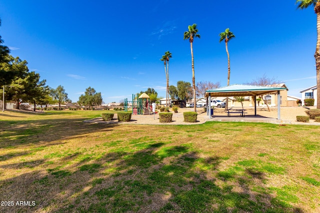 view of yard with playground community and a gazebo