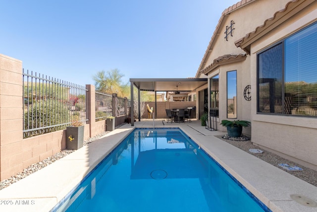 9260 E Greenway St, Mesa, AZ 85207 - view of swimming pool featuring a fenced in pool, a fenced backyard, a patio, and a ceiling fan