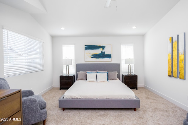 475 S Soho Ln Unit 35, Chandler, AZ 85225 - bedroom with baseboards, vaulted ceiling, recessed lighting, and light colored carpet