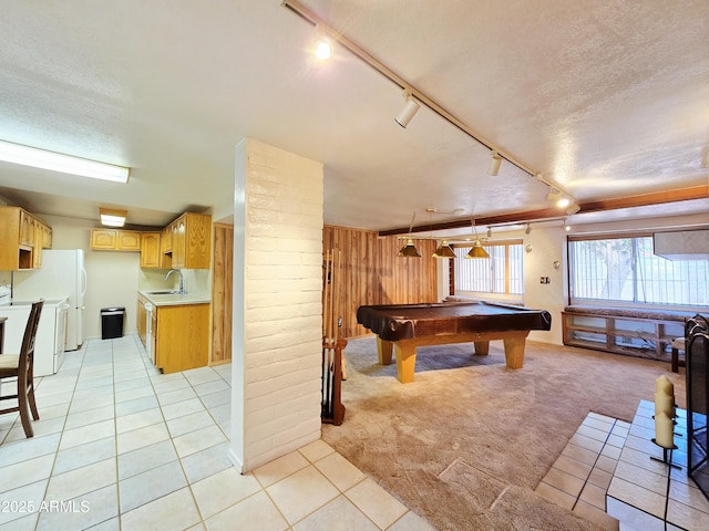 4950 Raffaele Dr, Sierra Vista, AZ 85635 - recreation room featuring track lighting, pool table, light carpet, light tile patterned floors, and a textured ceiling