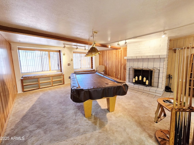 4950 Raffaele Dr, Sierra Vista, AZ 85635 - playroom featuring rail lighting, a tiled fireplace, carpet floors, billiards, and a textured ceiling