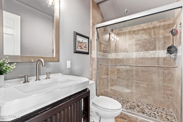 6026 E Sonoran Trl, Scottsdale, AZ 85266 - bathroom with a stall shower, toilet, vanity, and a textured wall