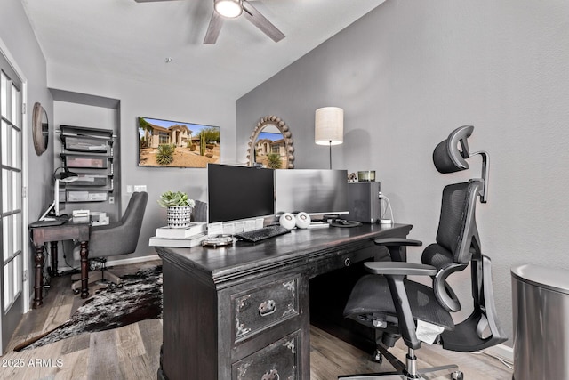 6026 E Sonoran Trl, Scottsdale, AZ 85266 - office featuring a ceiling fan, vaulted ceiling, wood finished floors, and baseboards