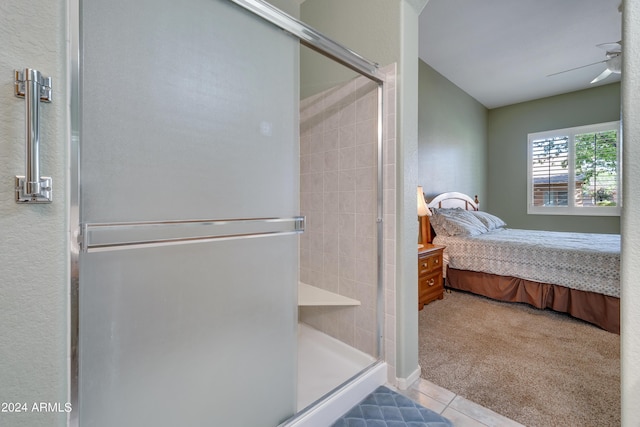 full bathroom with tile patterned flooring, a stall shower, ensuite bath, and ceiling fan