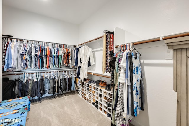 spacious closet featuring light colored carpet