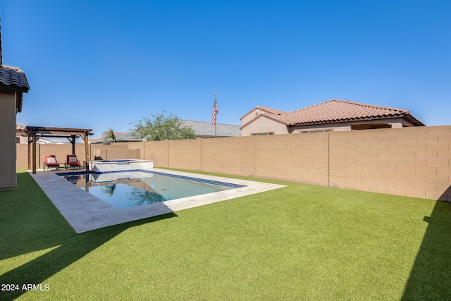 view of swimming pool featuring a pergola, a patio area, and a yard