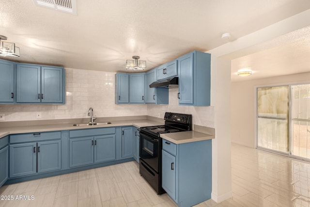2721 W Luke Ave, Phoenix, AZ 85017 - kitchen featuring blue cabinetry, black range with electric stovetop, a sink, light countertops, and a chandelier