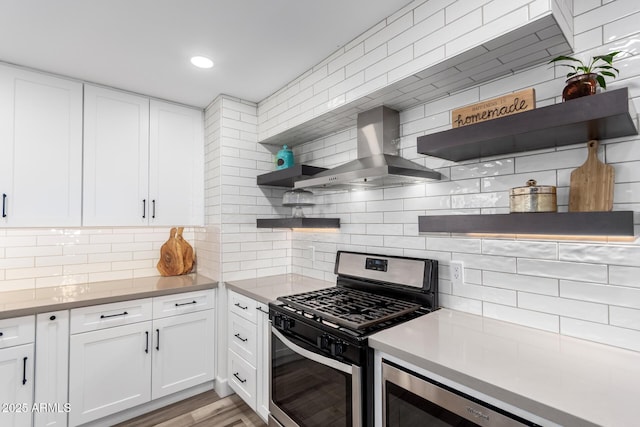 675 Val Verde Cir W, Litchfield Park, AZ 85340 - kitchen featuring open shelves, gas stove, wall chimney exhaust hood, decorative backsplash, and recessed lighting