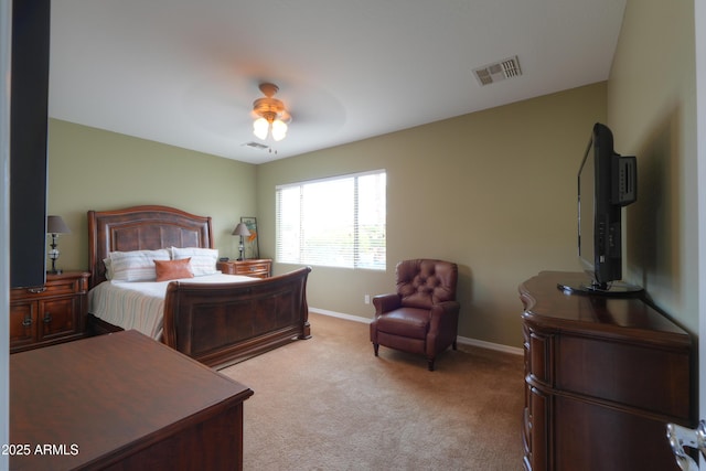 bedroom featuring visible vents, ceiling fan, light carpet, and baseboards